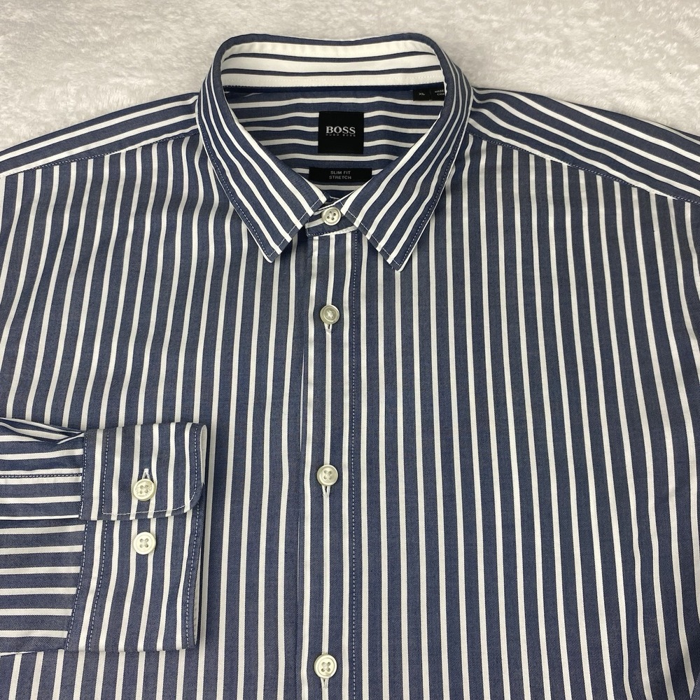 BOSS Hugo Boss Shirt Men's XL Blue w/White Stripes Slim Fit Stretch